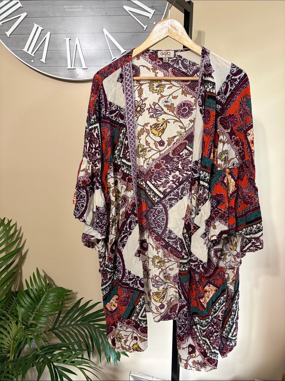 Gigio XL Cream Kimono Jacket with Burgundy, Teal & Rust Patchwork - Picture 2 of 11